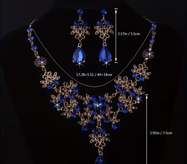 Royal Blue Leaf-Shaped Flower Necklace and Earrings Set for Women, Wedding Chain, Stage Performance Party Hall Necklace
